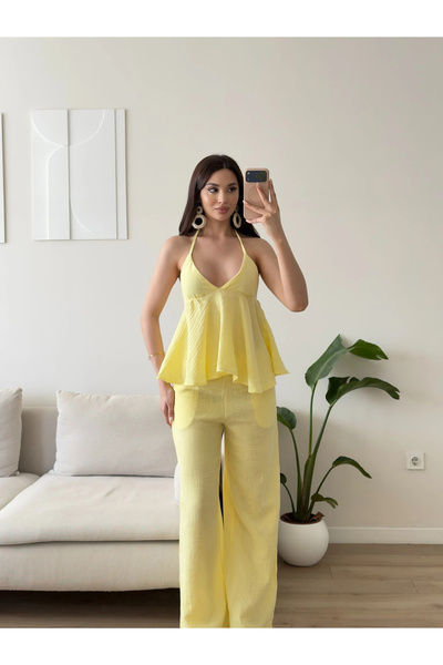 Zoom Butik Boyun Bağlamalı Müslin İkili Takım - SARI