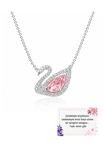 Sepetten Eve Kadın Pembe Zarif Kuğulu Pink Swan Taşlı Gümüş Kaplama Kolye Sev...