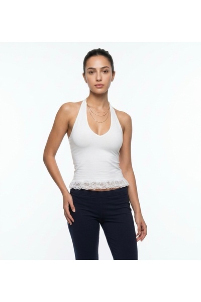 Sagre&Sisters Ecru Halter Neck Lace Viscose Ribbed Women's Blouse