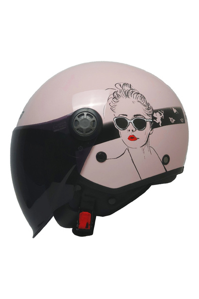 kuzey motor FR-612 BELLA YARIM KASK PEMBE-SİYAH-BEYAZ (SİYAH CAMLI+GÜNEŞ VİZÖ...