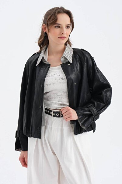 tw3 Women's Leather Fabric Shirt Detailed Lined Design Coat Jacket