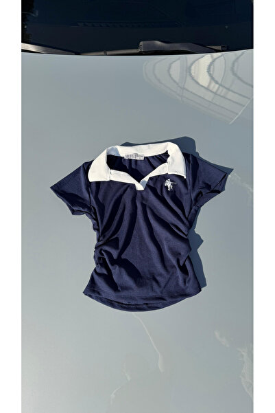 Violon Tricou slim fit pentru femei, albastru marin, cu guler polo și detaliu...