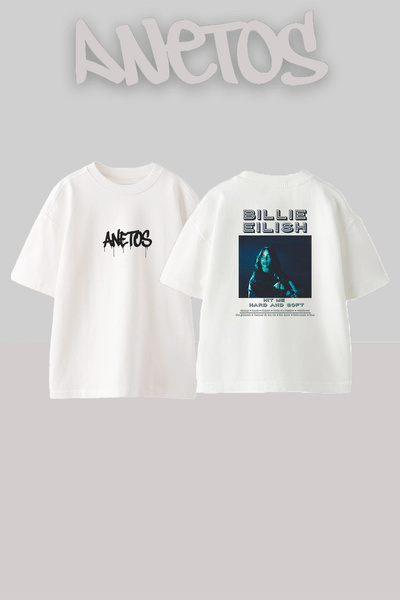 Anetos Μπλουζάκι Billie Eilish_147 με στάμπα σχεδίου, υπερμεγέθη λευκό μπλουζάκι