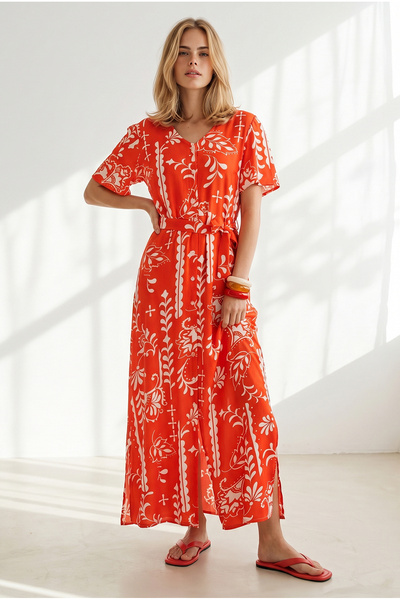 Olalook Women's Boho Pomegranate Flower Buttoned Belted Maxi Viscose Shirt Dr...