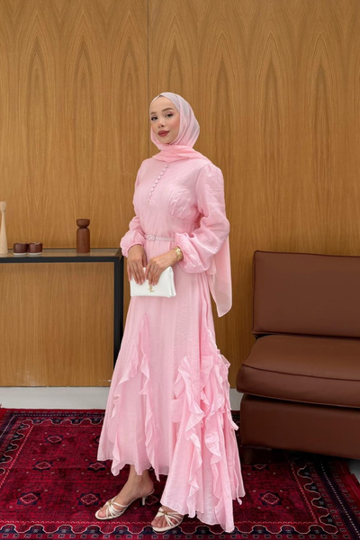 fushya design Kaplama Düğmeli Volan Detaylı Kemerli Elbise