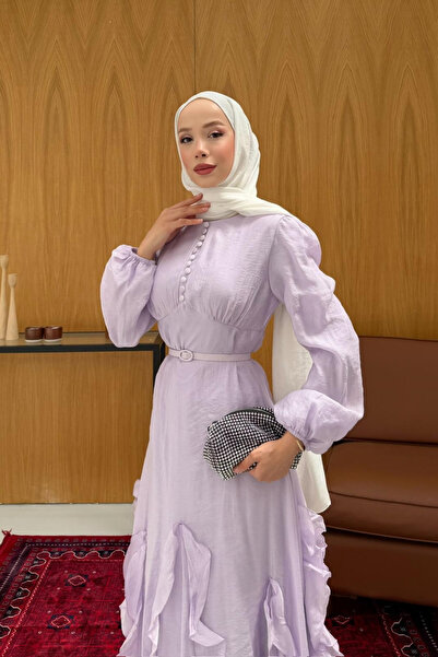 fushya design Kaplama Düğmeli Volan Detaylı Kemerli Elbise