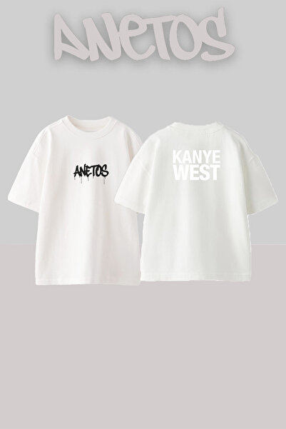 Anetos تي شيرت أبيض كبير الحجم مطبوع بتصميم Kanye West_87