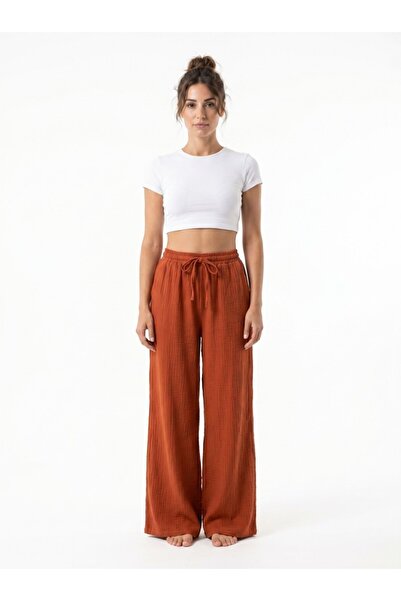 Mulberry Muslin Palazzo Trousers Elastic Waist Comfortable Cut Daily Use Trou...