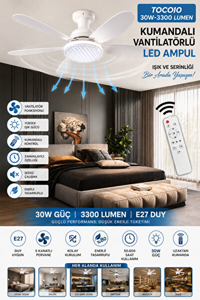 Happy Owl Kumandalı Tavan Vantilatörlü LED Ampul E27 30W 3300 Lümen 3 Renk Mo...