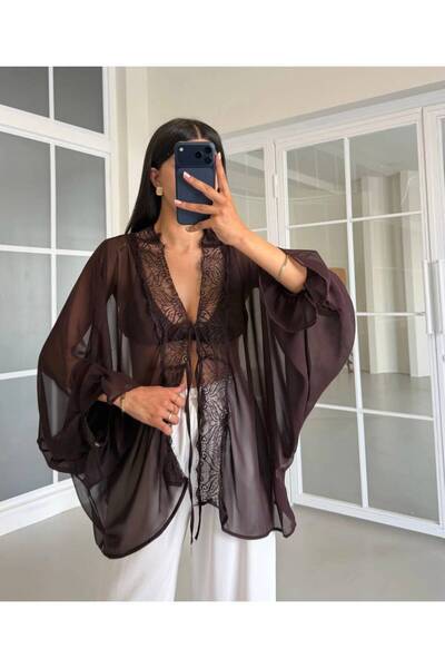 Olbia Women's Brown Lace Detailed Tie-Up Flowy Stylish Chiffon Blouse