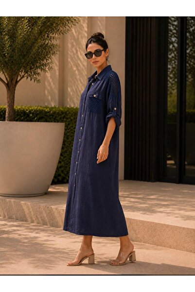 yusracollectionn Women's Italian Linen Mesh Detailed Buttoned Shirt Dress