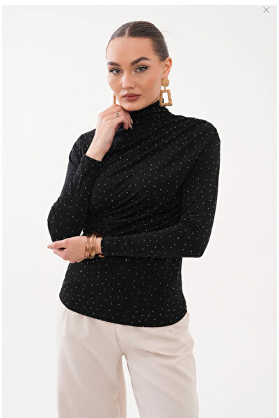 PIOVE Women's Stone Printed Turtleneck Blouse – Draped Long Sleeve Stretch Fa...