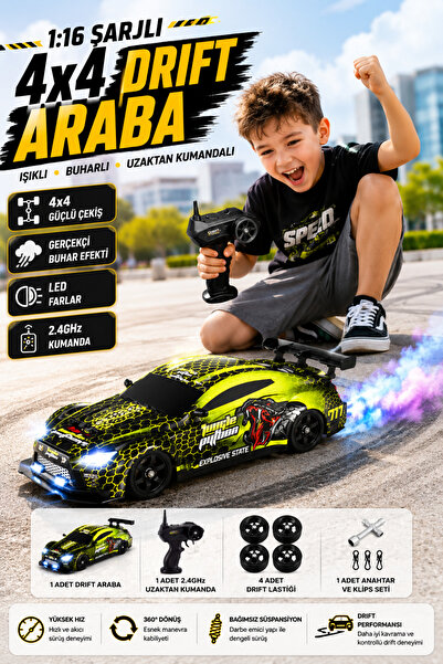 YILDIRIM OYUNCAK Uzaktan Kumandalı Şarjlı Işıklı ve Buhar Atan 4x4 Drift Araba – 2.4GHz 1:16 Ölçek LED Farlı Drift Lastikli RC Yarış Arabası 6+ Yaş