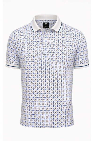 VAN HEUSEN WHITE AND BLUE TEXTURED POLO T-SHIRT MEN