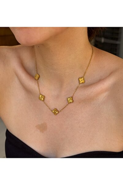 Alveole Jewelry Beşli Yonca Gold Çelik Kolye