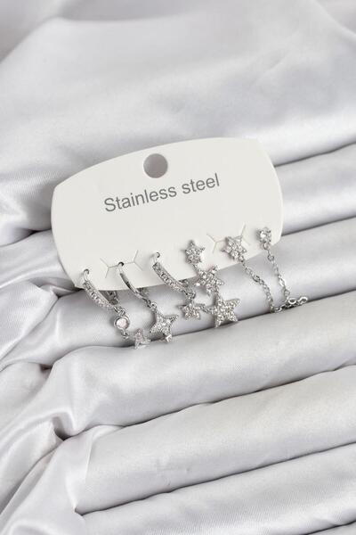 Clariss 316L Steel Silver Color Zircon Stone Star Detailed Chain Model Women'...