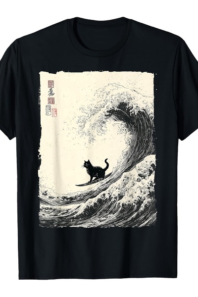 LİNA06 تي شيرت مضحك برسومات القطط التي تزلج على الموجة العظيمة على طراز فن ال...