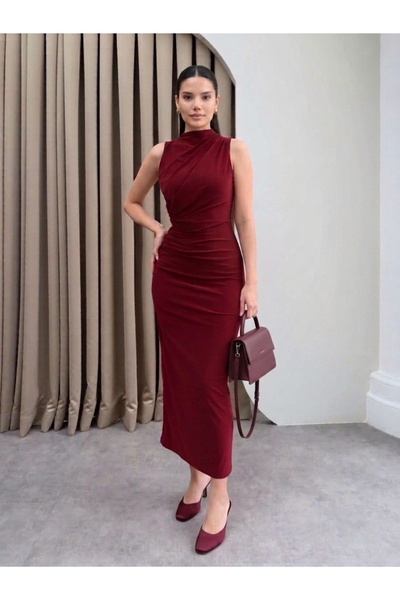 My Blog Burgundy Draped Slit Midi Dress - 4114