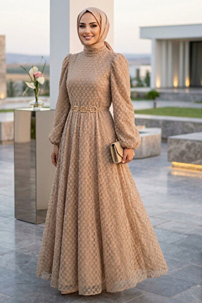 Neva Style Rochie Hijab din dantelă bej 54123BEJ