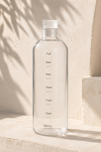 Poomy 1 Litre Motivasyonel Saat İşaretli Zaman Çizelgeli Cam Su Şişesi Su Tak...