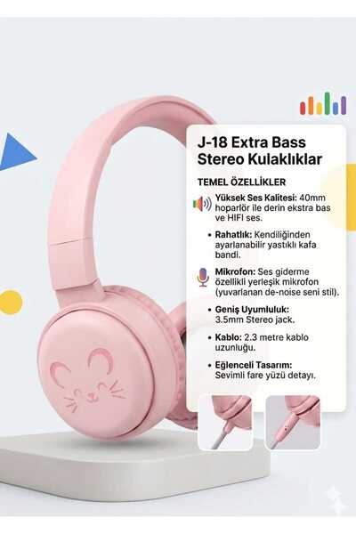 jedel Kablolu Kulak Üstü Çocuk Kulaklığı Ayarlanabilir Kafa Bandı Taşınabilir