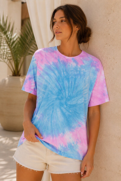 Polo State Tricou oversize pentru femei, Aqua Blue Pink, cu model Tie-Dye