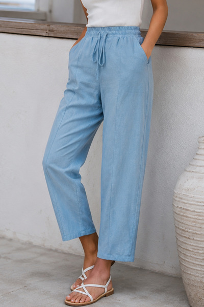 Rich Women's Blue Woven Carrot Pants with Elastic Waist