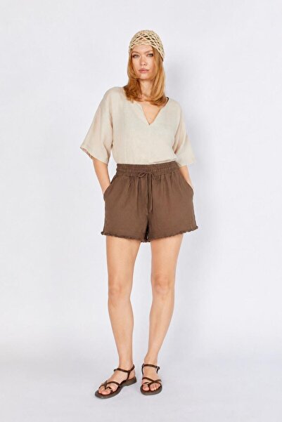 TENA Women's Brown Elastic Waist Tasseled Short Shorts