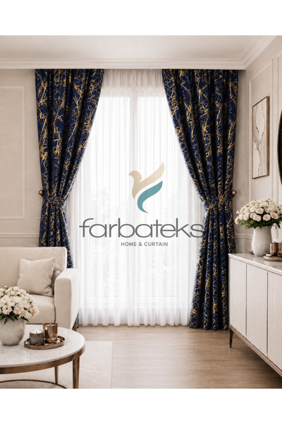 farbateks Ναυτικό μπλε χρυσό φύλλο χρυσού ασημί, γυαλιστερό ύφασμα Opart με κ...