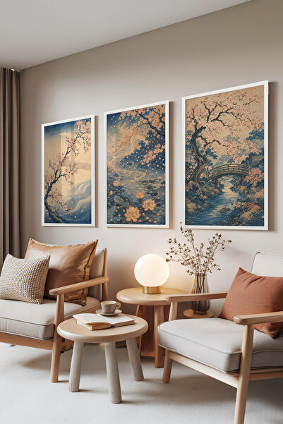 Zestia Set de 3 tablouri cu ramă albă, Ukiyo-e Sakura Cherry Blossom, Set dor...