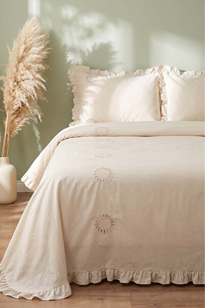 Rivaİstanbul Elowen Double 100% Cotton Embroidered Ruffle Duvet Cover Set - 4...