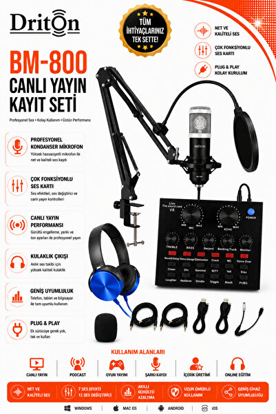 DRİTON BM-800 + V8 SES KARTI GRİ PODCAST TİKTOK YOUTUBE YAYINCI CONDENSER MİK...