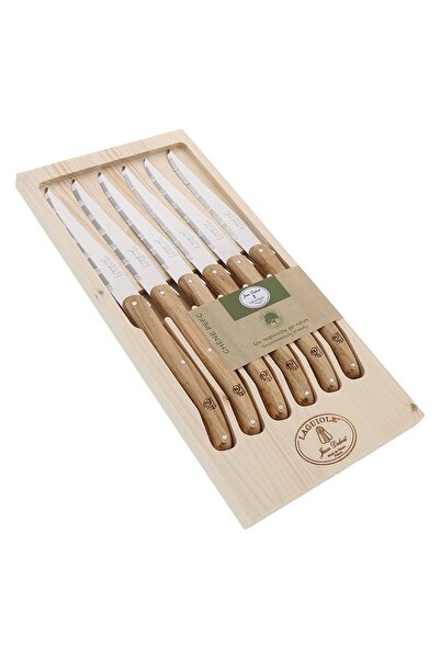 Jean Dubost Set 6 cutite de friptura Laguiole, Jean Dubost, lemn de stejar, i...