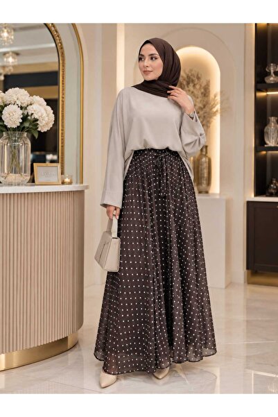 Esra Butik78 Siyah & Kahverengi Puantiyeli Astarlı Şifon Etek – Kendi Kumaşın...