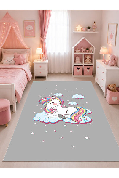 GNL HOME Unicorn Desenli Dijital Baskı Kaymaz Taban Yıkanılabilir Kız Çocuk O...