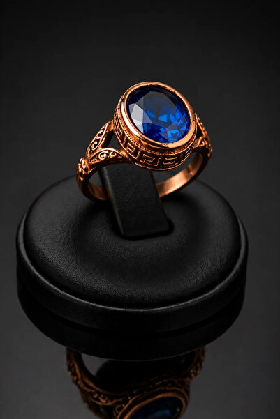 OSMANLI GÜMÜŞ Women's Copper Ring with Sapphire Zircon Natural Stone Oval Mod...