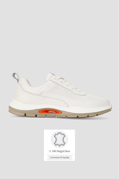 TUNAELLİ Men's White Genuine Leather Eva Sole Lace-Up Sneaker Shoes