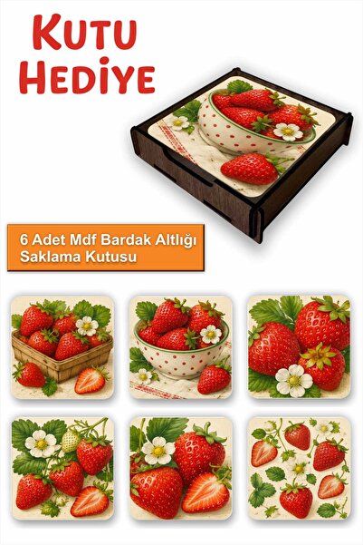 UNT Strawberry Themed Set of 6 Mdf Coasters – with Wooden Storage Box 9X9 cm