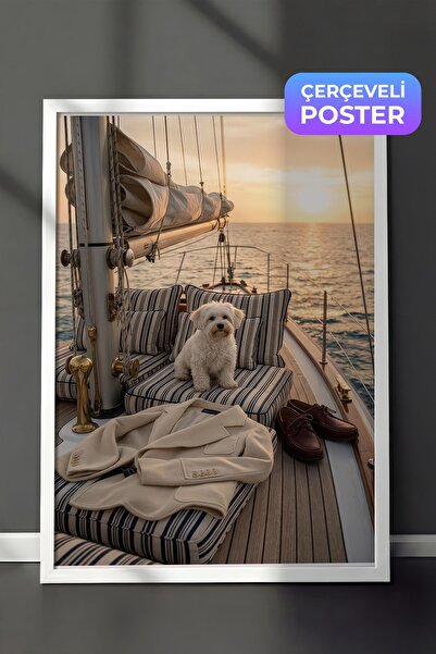 Postifull Dog and Sailboat Poster, White Framed Poster, Old Money Series, No:...