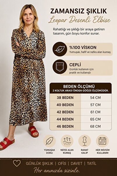SHOPPEBUTİK Leopard Patterned Comfortable Fit Long Shirt Dress