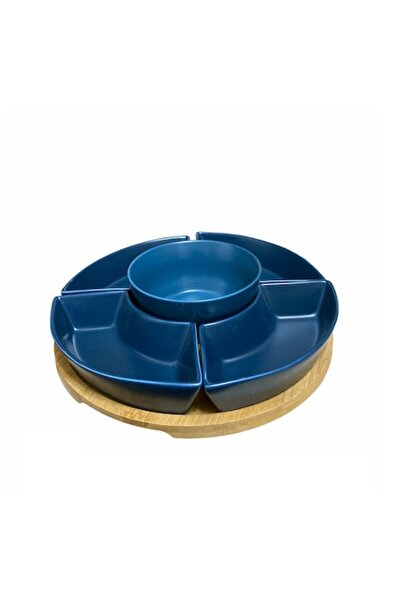 OEM Set de aperitive, ceramic, 5 boluri, 1 platou din lemn de bambus, albastr...