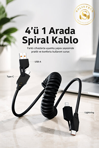 Solistech 4 in 1 Şarj Kablosu Type-C Lightning Usb-A Type-C Super Hızlı Akordiyonlu 65W Kablo 480 MBPS Kırılmaz Ergonomik Tasarım