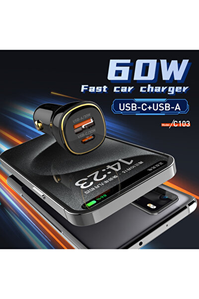 LDNIO φορτιστής αυτοκινήτου C103 με καλώδιο USB-C, USB/USB-C, 60W, μαύρος