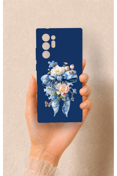 Vip Case Samsung Note 20 Ultra Uyumlu Mavi Kurdeleli Çiçek Desenli Silikon Kılıf