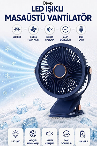 Divex Masaüstü Şarjlı 360° Dönebilen Klipsli Fan Vantilatör - LACİVERT