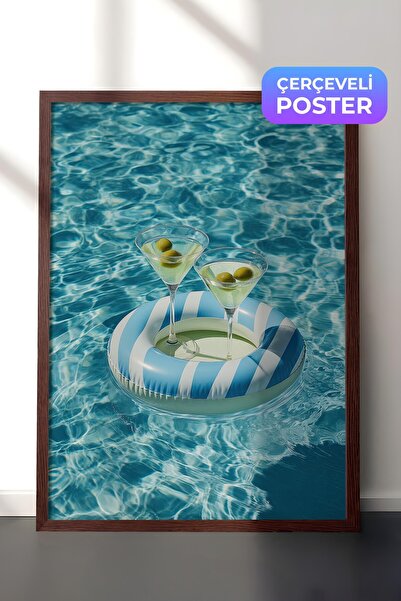 Postifull Poster cu piscină și pahare Martini, Poster cu ramă maro, Seria Old...
