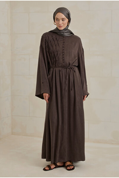 HEQA Nervür Motif Liyosel Abaya Bitter Brown
