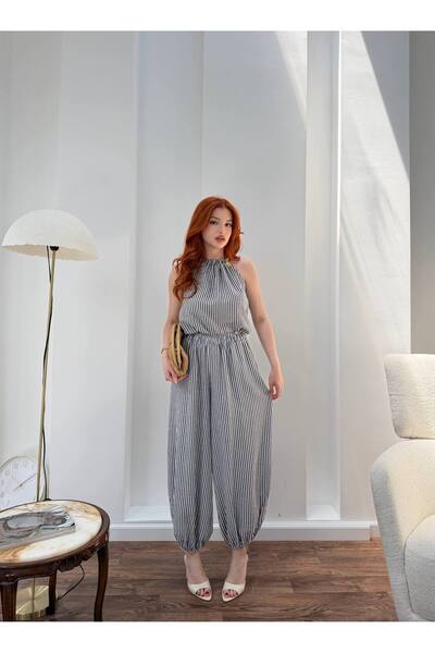 heree Women's Striped Halter Neck Two-Piece Set Casual Blouse Baggy Pants Sum...