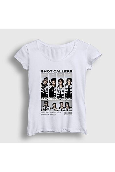 Presmono Women's White Poster Shot Callers K-Pop Lngshot T-Shirt 613868Tt