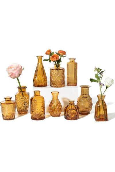 Home Zone Set of 10 Small Vintage Glass Bud Vases for Flowers, Centerpieces, ...